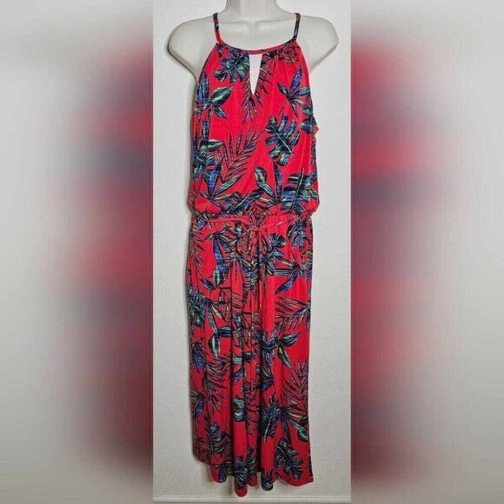 London Times Size 12 One Piece Capri Jumpsuit Red Floral Tropical Spaghetti Stra